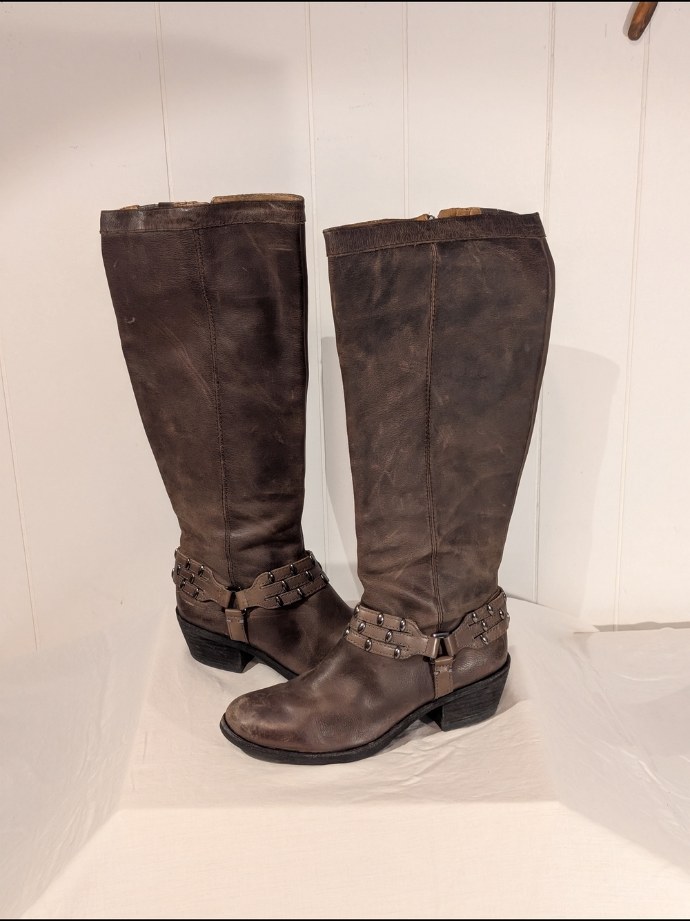 ANTONIO MELANI Brown Tall Leather Boots with Harness Detail